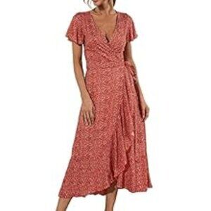 🌸 Ecowish Orange & White Floral Flutter Sleeve Wrap Dress Size XL Cottagecore